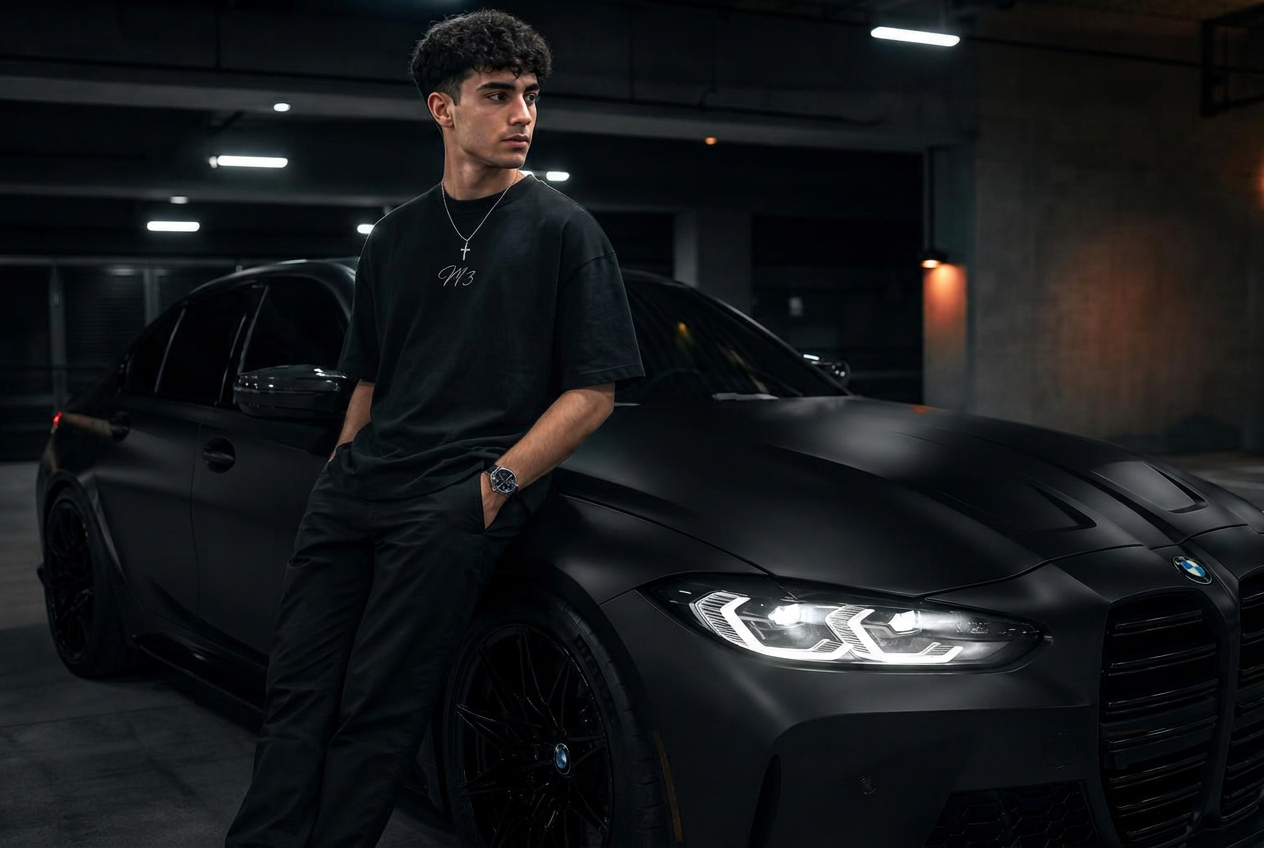 Model wearing an oversized blackout tee in an underground garage